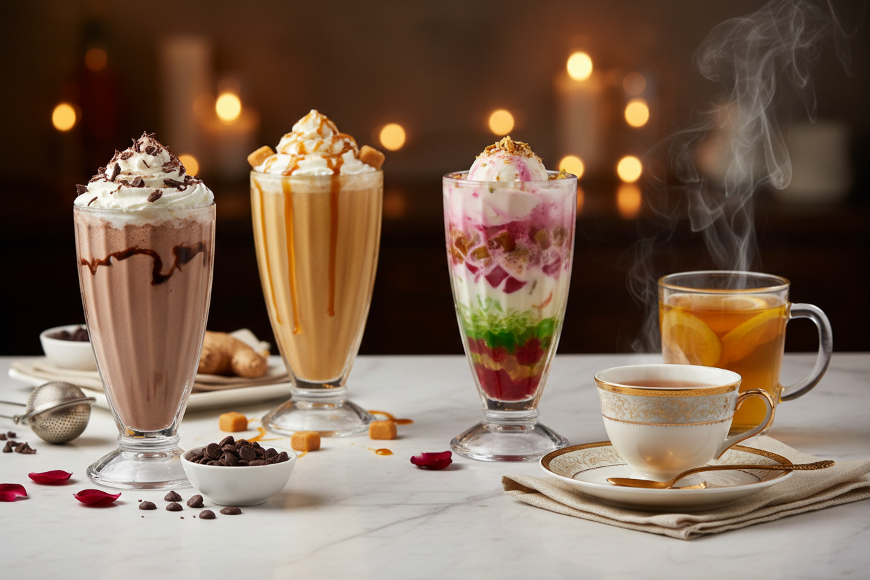 create a luxury image for beverages and shake like chocolate milk shake, butter scotch shaek, falooda, arjun tean, giner tea