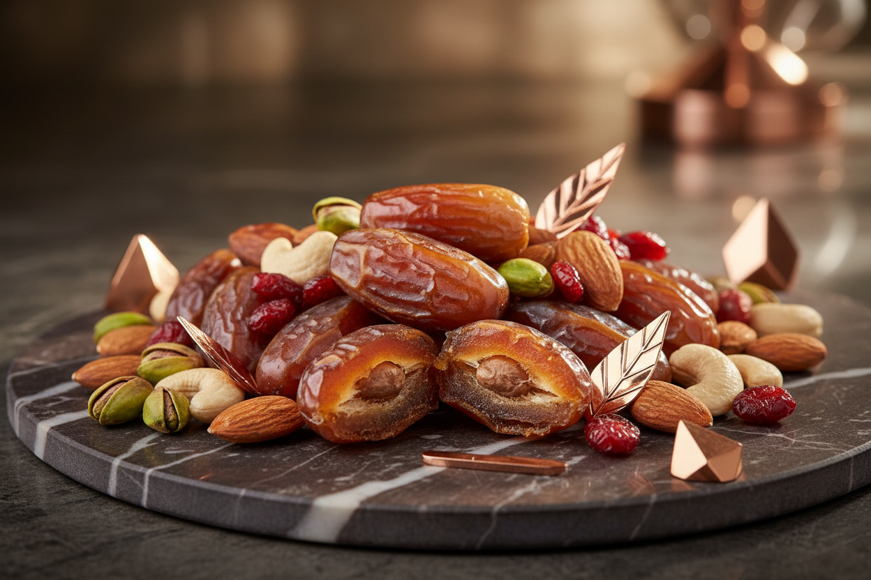 Create a professional luxury image for a Dates and Dryfruites