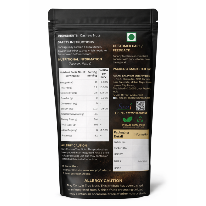 Xroophy Signature Cashews Whole, Crunchy & Handpicked (Kaju)